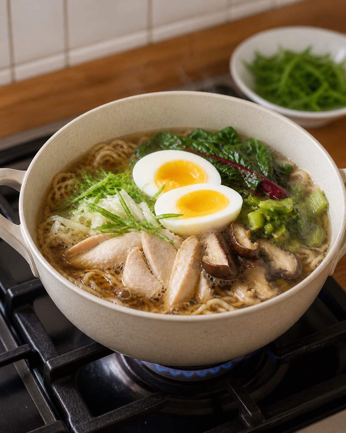 ramen suppe med kylling og nudler gently simmering with visible ingredients under tilberedningen af ramen suppe med kylling og nudler