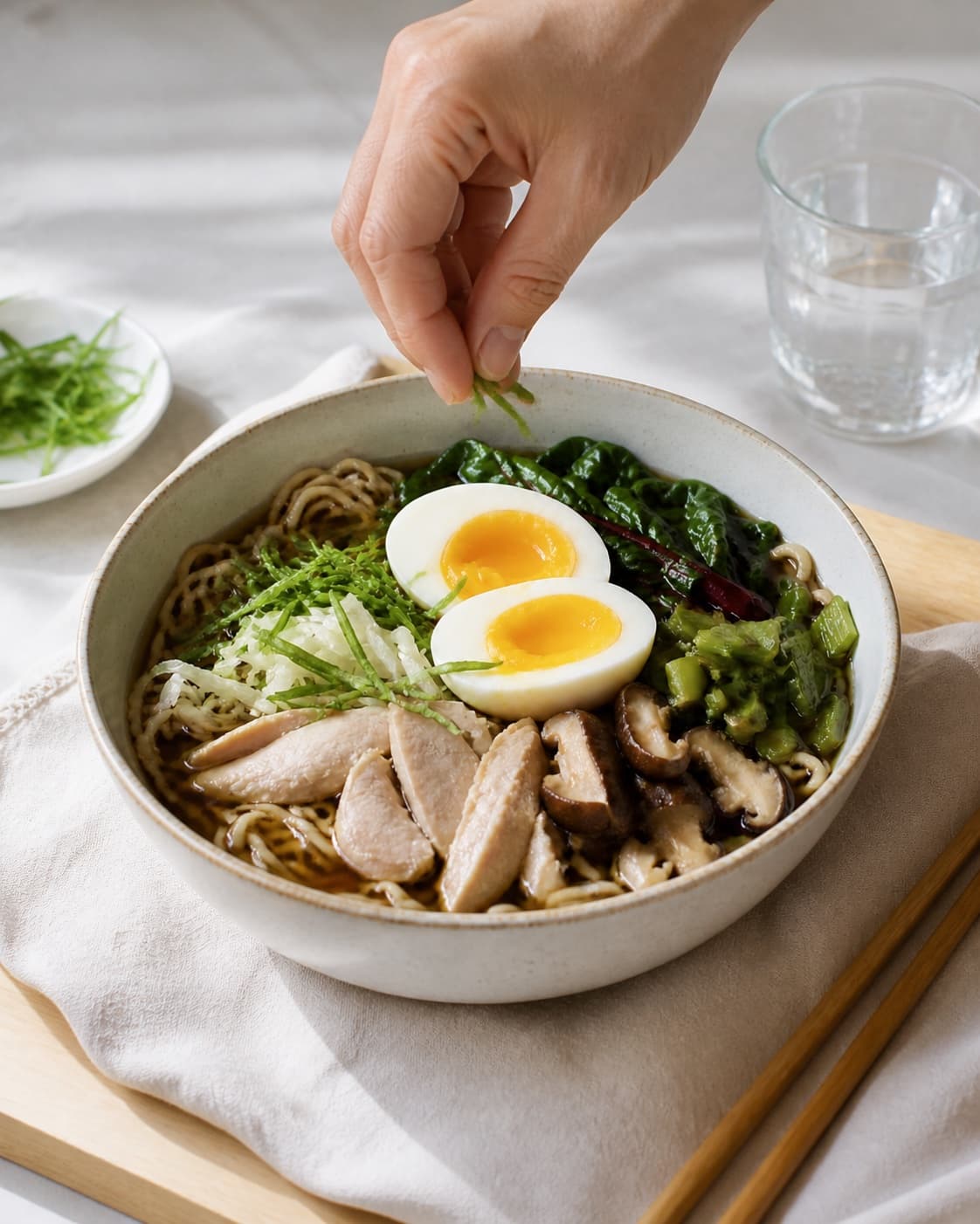 Finished ramen suppe med kylling og nudler being served with a fresh restrained garnish under tilberedningen af ramen suppe med kylling og nudler