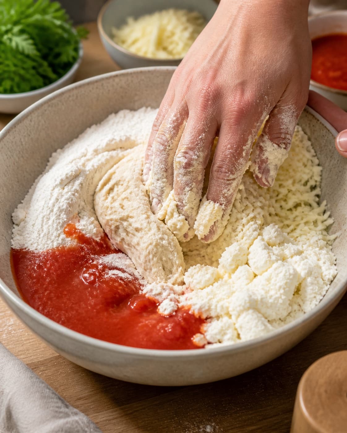 Close view of the moist dough for pizza med squash og rygeost being mixed in a bowl with hvedemel, passata, mozzarella, rygeost under tilberedningen af pizza med squash og rygeost