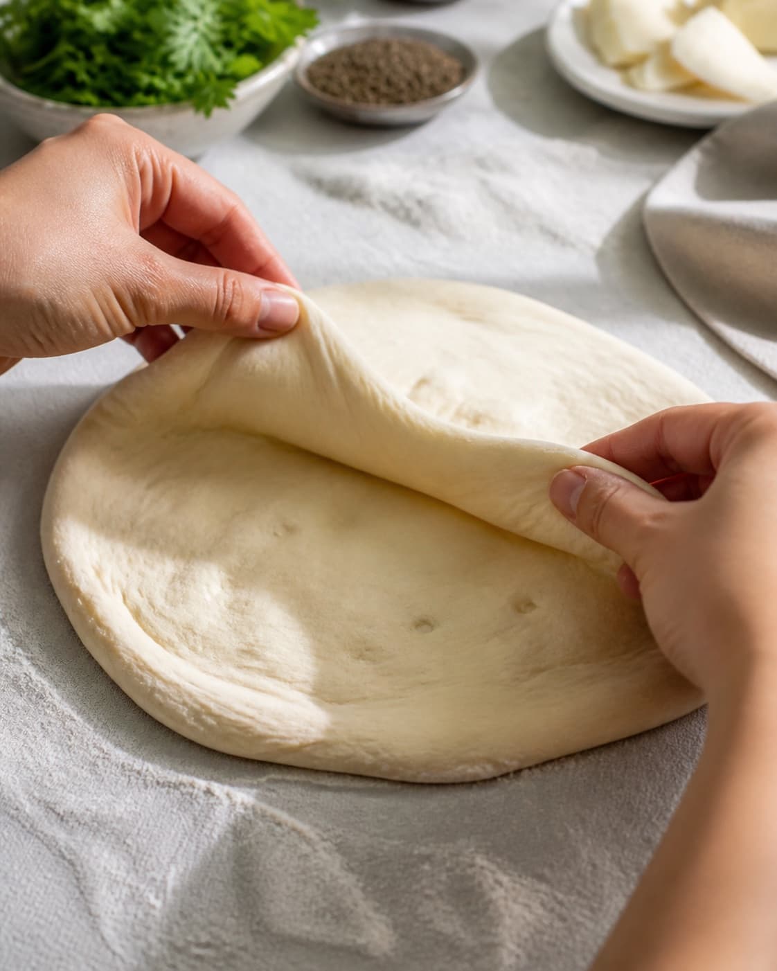 Hands gently folding elastic dough for pizza med squash og rygeost under tilberedningen af pizza med squash og rygeost