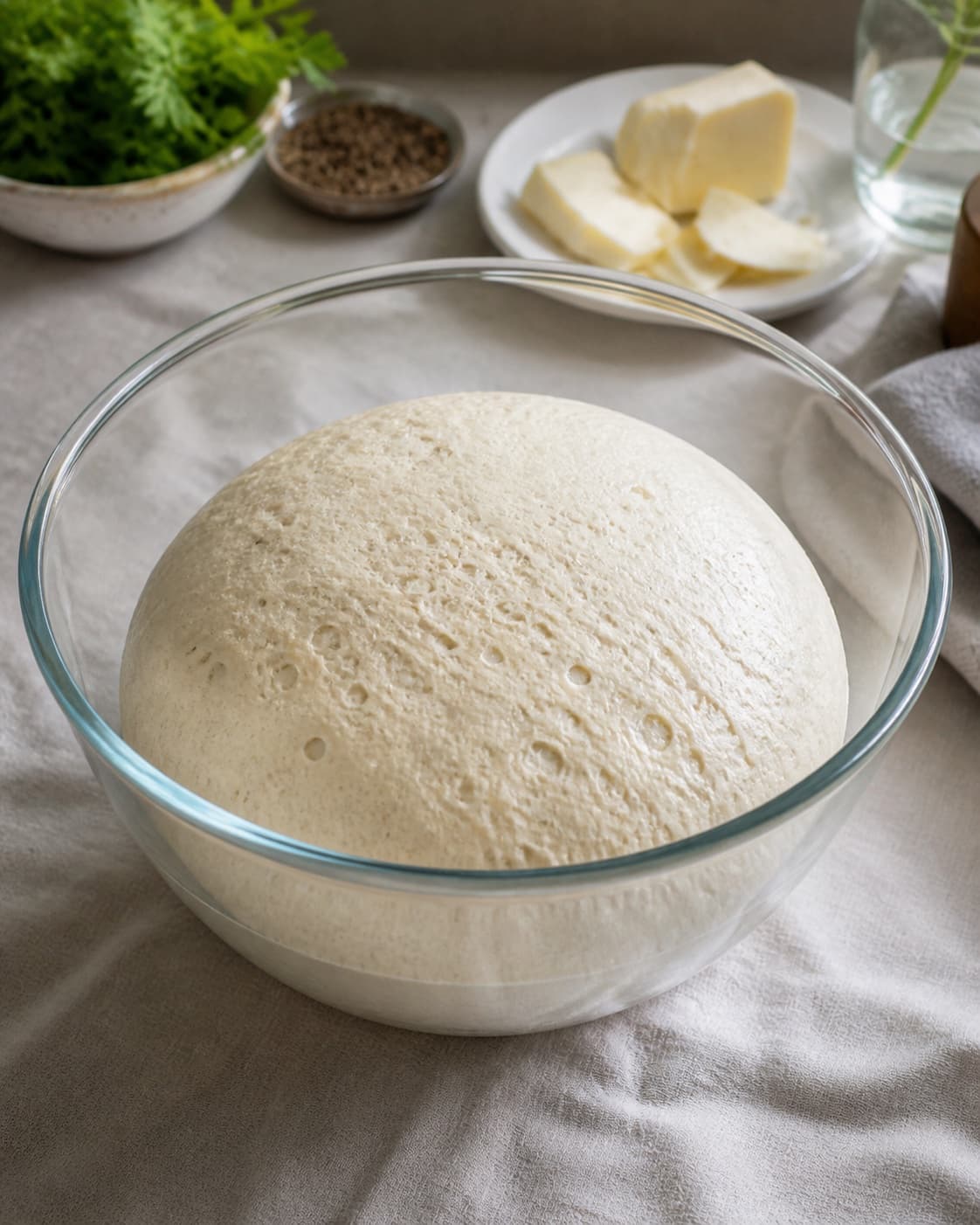 Proofed airy dough for pizza med squash og rygeost with visible fermentation bubbles under tilberedningen af pizza med squash og rygeost