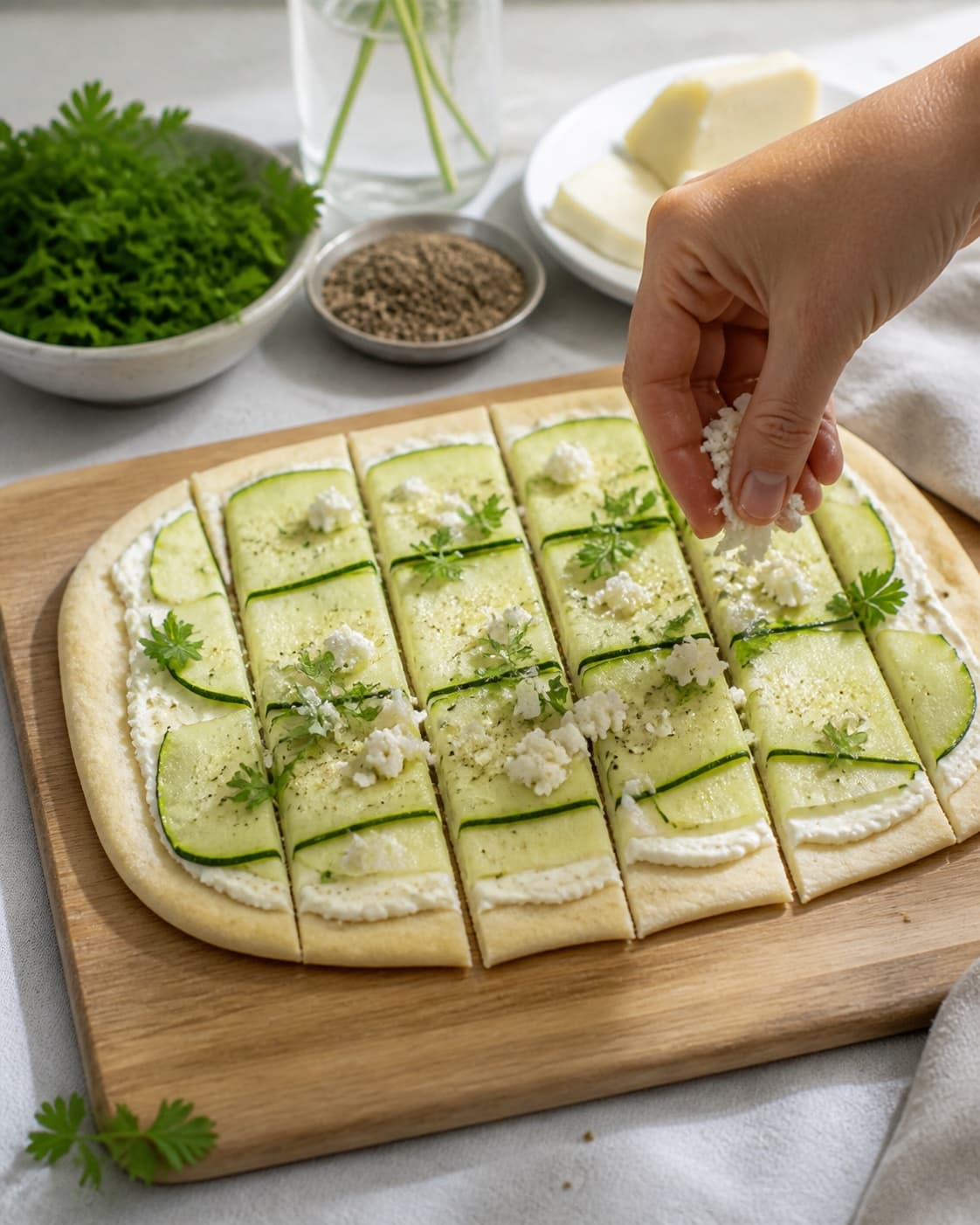 Even pieces of pizza med squash og rygeost being shaped before baking under tilberedningen af pizza med squash og rygeost