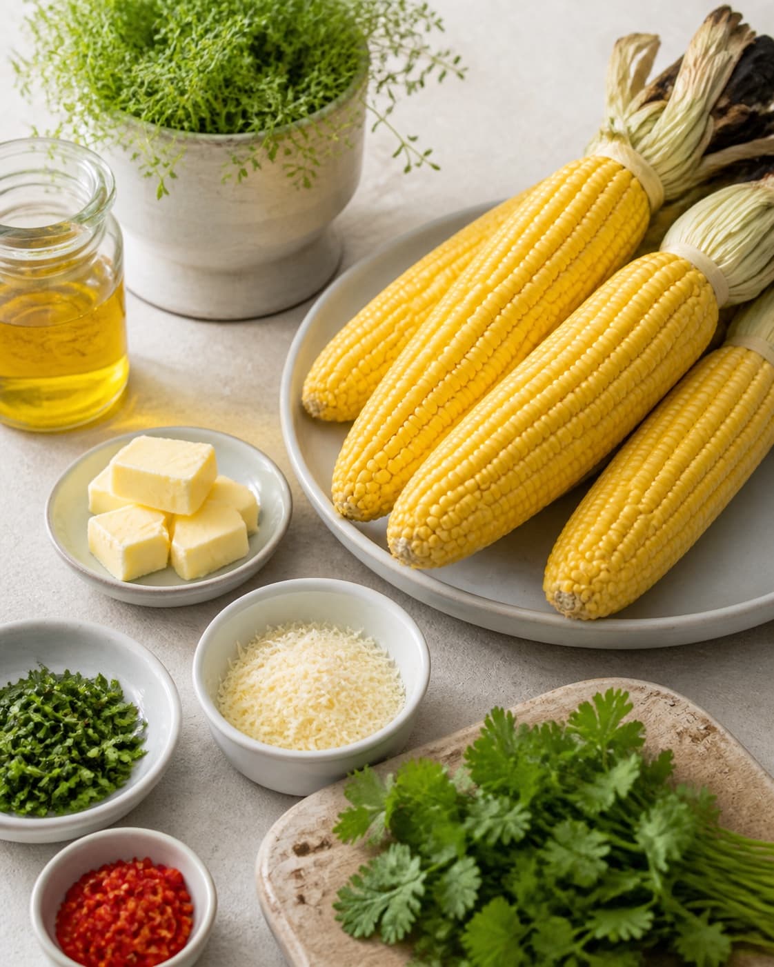Prepared dry ingredients for grillede majskolber with majskolber, smør, rapsolie, friske krydderurter under tilberedningen af grillede majskolber