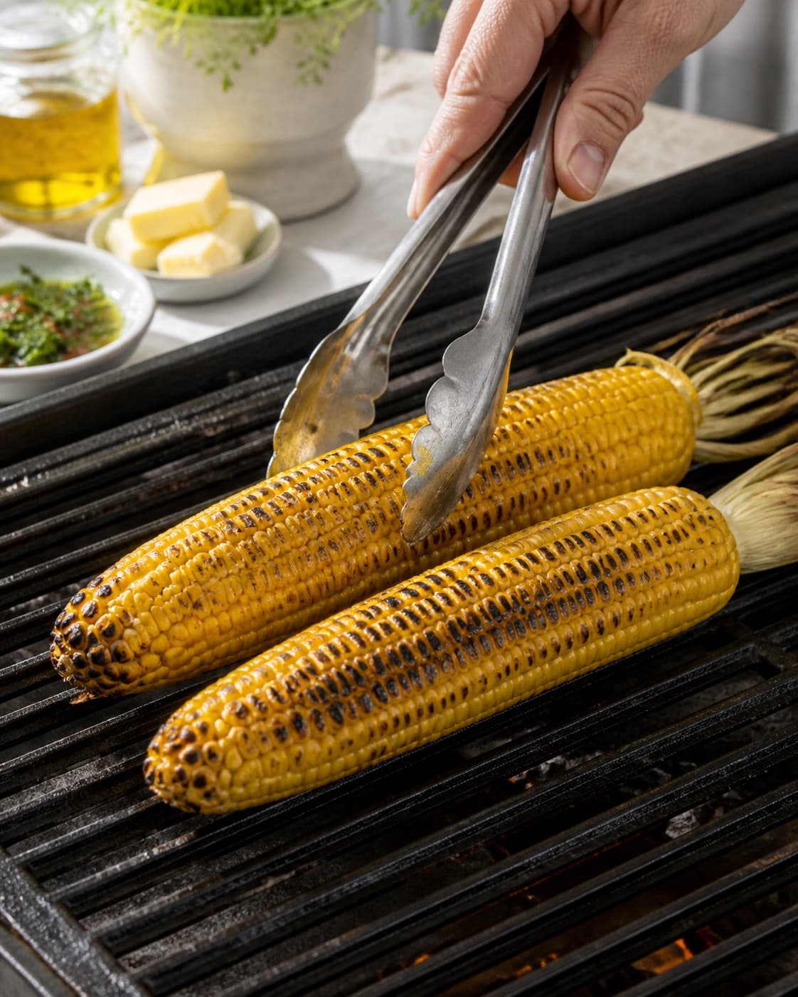 grillede majskolber developing an even golden crust under tilberedningen af grillede majskolber