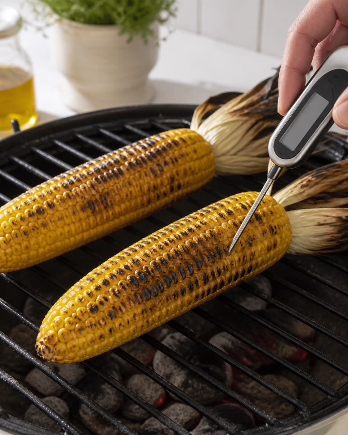 grillede majskolber roasting evenly while its centre temperature is checked under tilberedningen af grillede majskolber