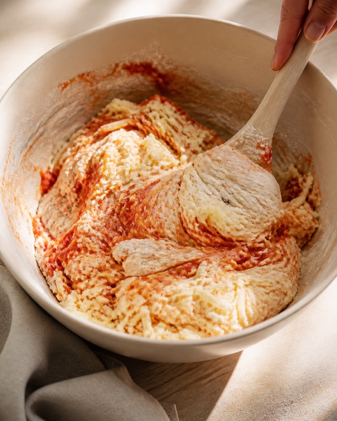 Close view of the moist dough for surdejspizza being mixed in a bowl with hvedemel, passata, mozzarella, aktiv surdej under tilberedningen af surdejspizza