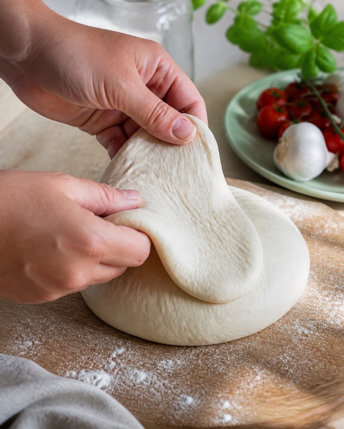 Hands gently folding elastic dough for surdejspizza under tilberedningen af surdejspizza