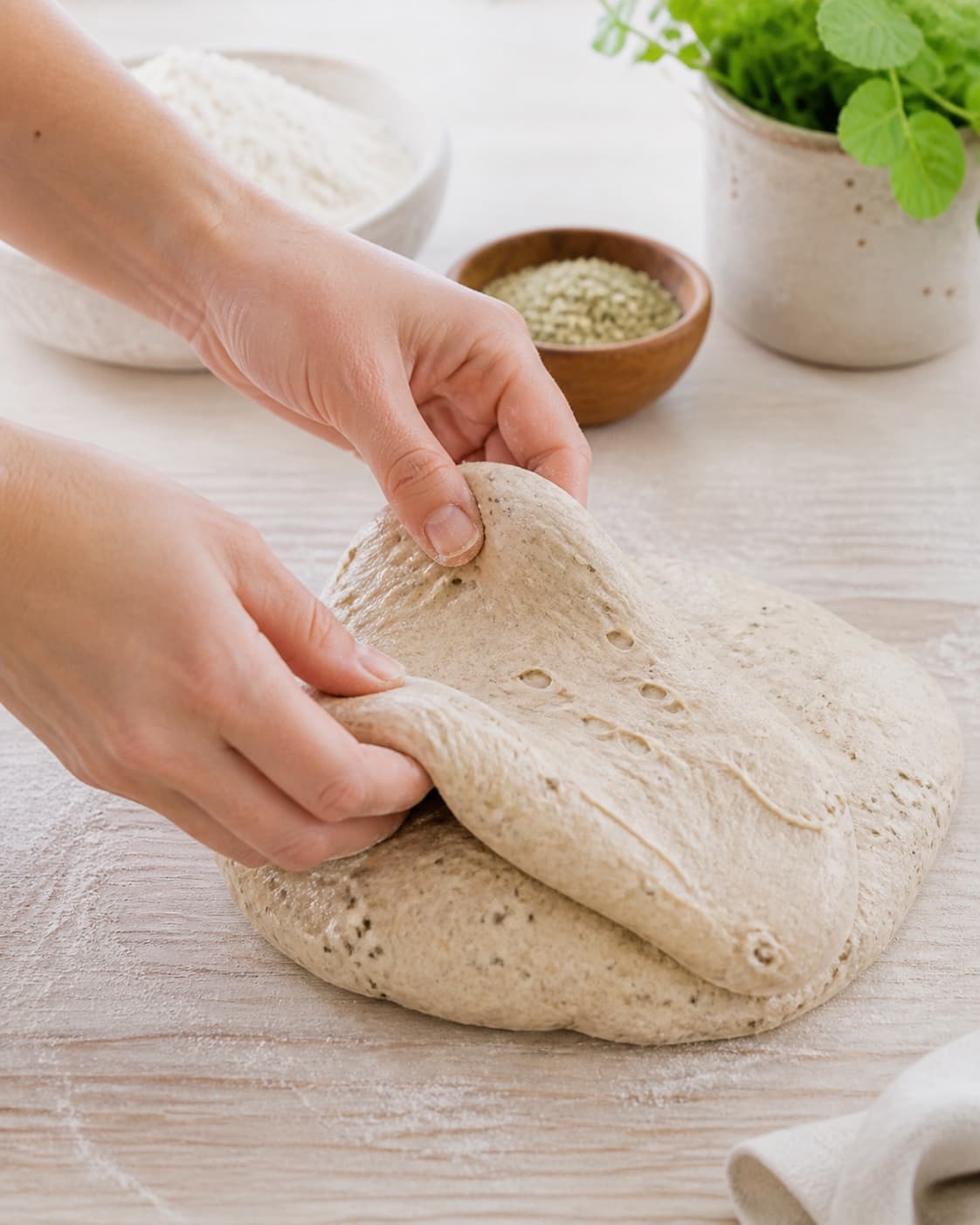 Hands gently folding elastic dough for boller med hampefrø under tilberedningen af boller med hampefrø