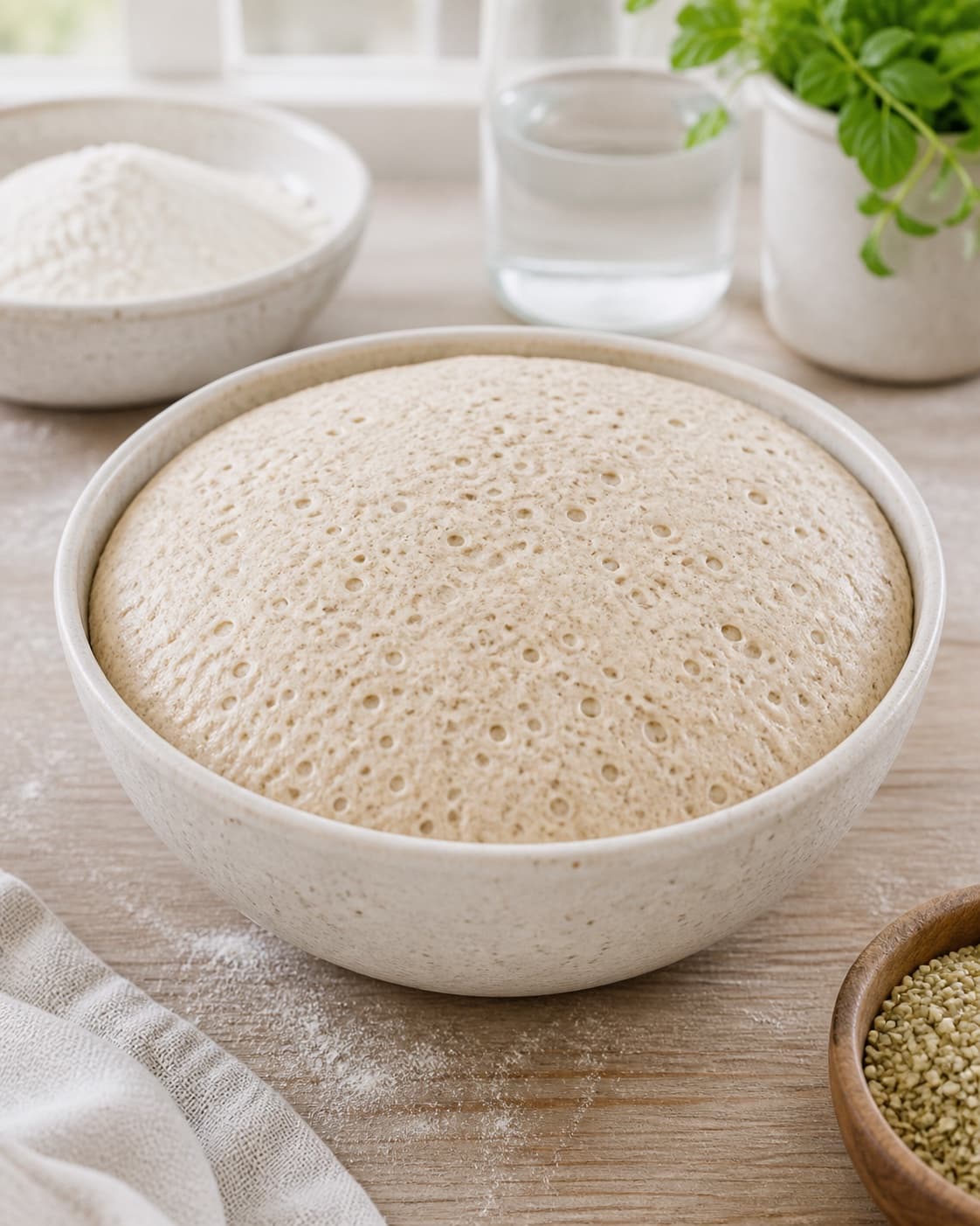 Proofed airy dough for boller med hampefrø with visible fermentation bubbles under tilberedningen af boller med hampefrø
