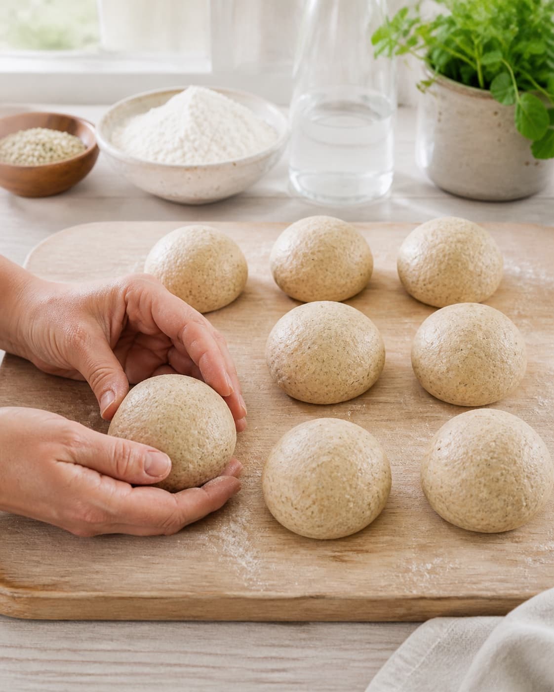 Even pieces of boller med hampefrø being shaped before baking under tilberedningen af boller med hampefrø