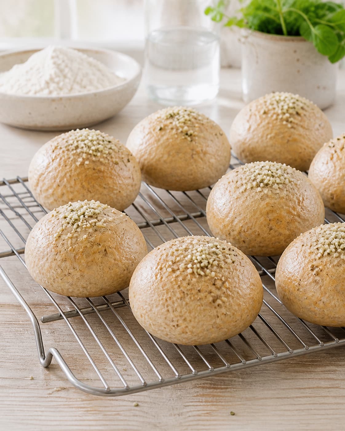 Golden baked boller med hampefrø cooling on a wire rack under tilberedningen af boller med hampefrø