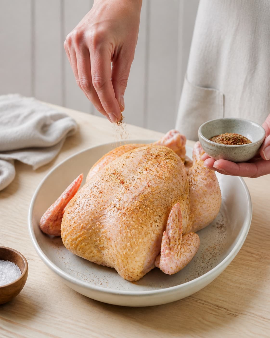 helstegt kylling being evenly seasoned before roasting under tilberedningen af helstegt kylling