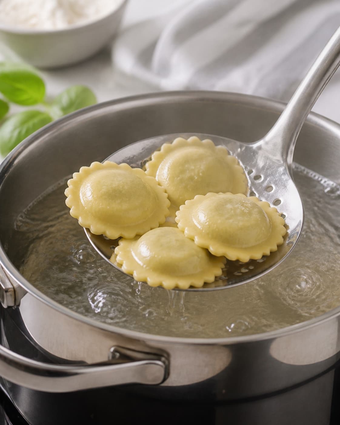 Pasta for ravioli med ricotta og basilikum being lifted from boiling water under tilberedningen af ravioli med ricotta og basilikum