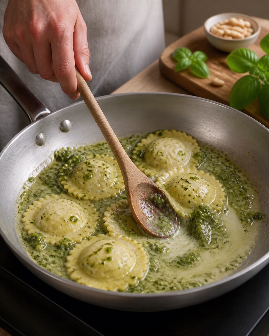 ravioli med ricotta og basilikum being emulsified in a broad pan under tilberedningen af ravioli med ricotta og basilikum