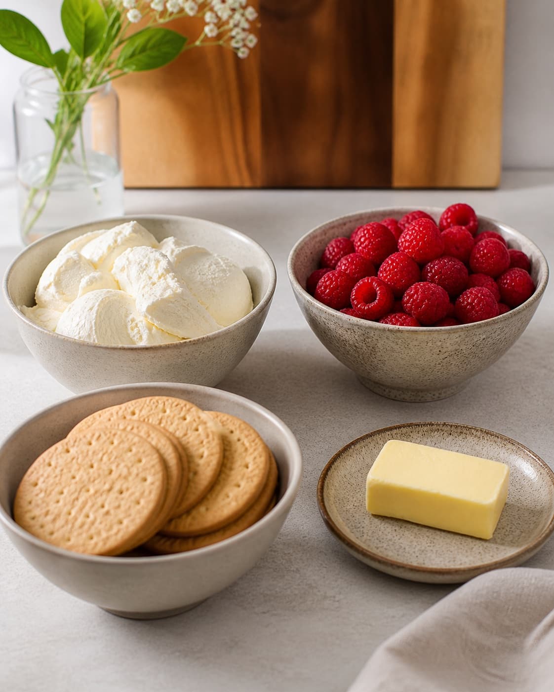 Measured ingredients for hindbær cheesecake med klassisk kiksebund arranged separately with naturel flødeost, digestivekiks, hindbær, smør under tilberedningen af hindbær cheesecake med klassisk kiksebund