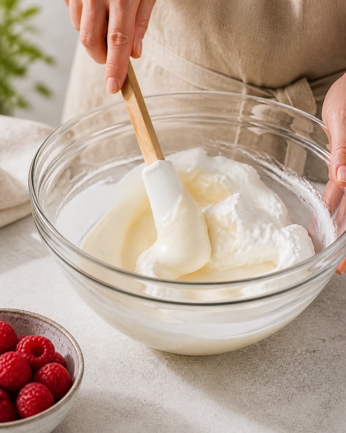 The batter or dough for hindbær cheesecake med klassisk kiksebund being gently combined under tilberedningen af hindbær cheesecake med klassisk kiksebund