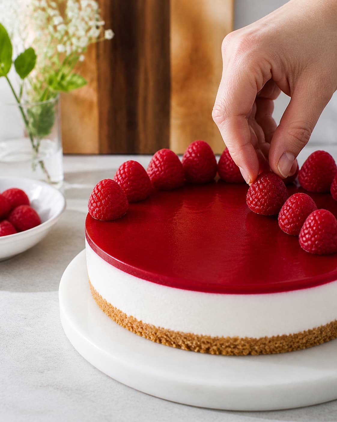 Finished hindbær cheesecake med klassisk kiksebund receiving its final garnish after cooling under tilberedningen af hindbær cheesecake med klassisk kiksebund