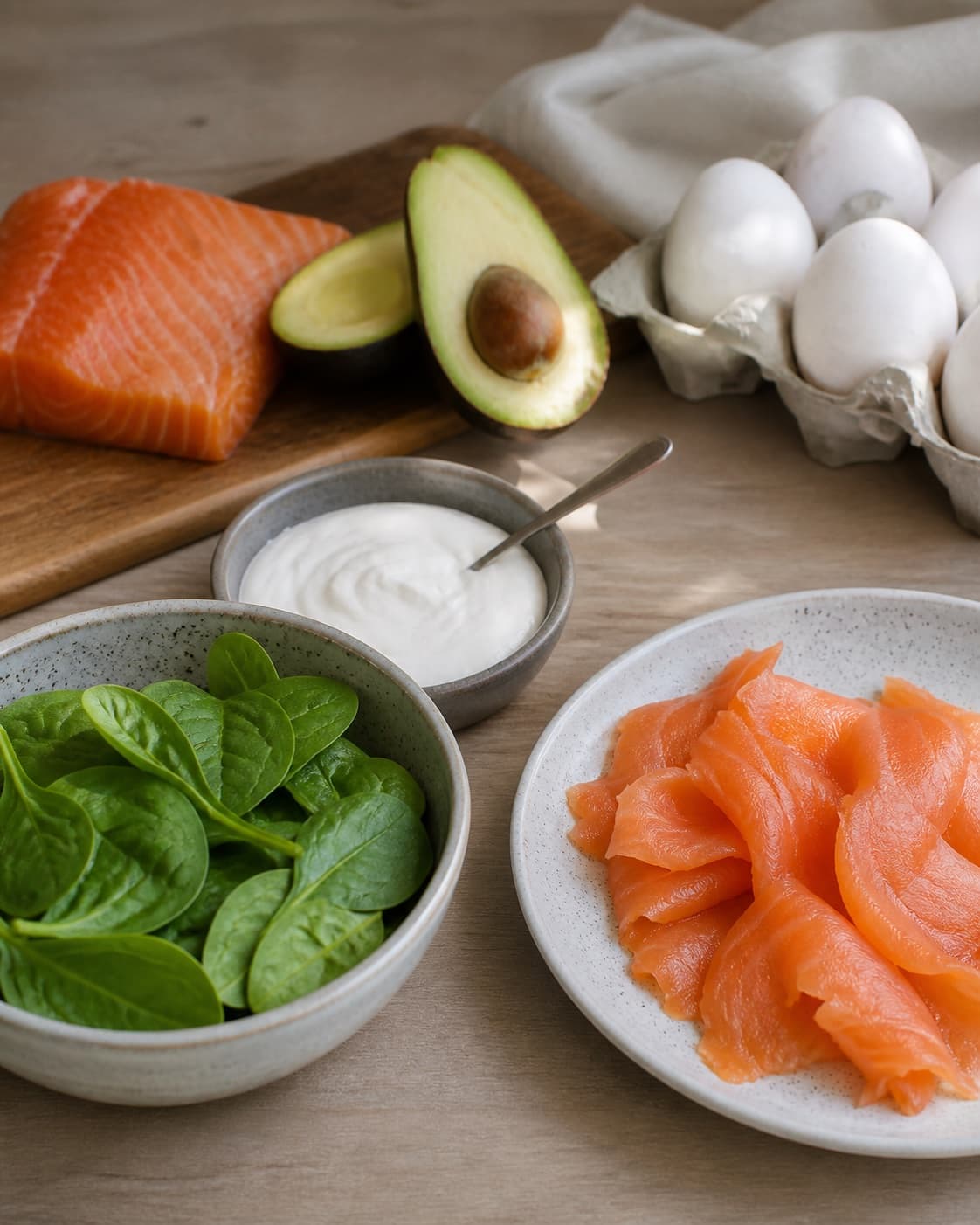 Prepared mixture for spinatvafler med røget laks og avocado with modne avocadoer, æg, laksefilet, frisk spinat under tilberedningen af spinatvafler med røget laks og avocado