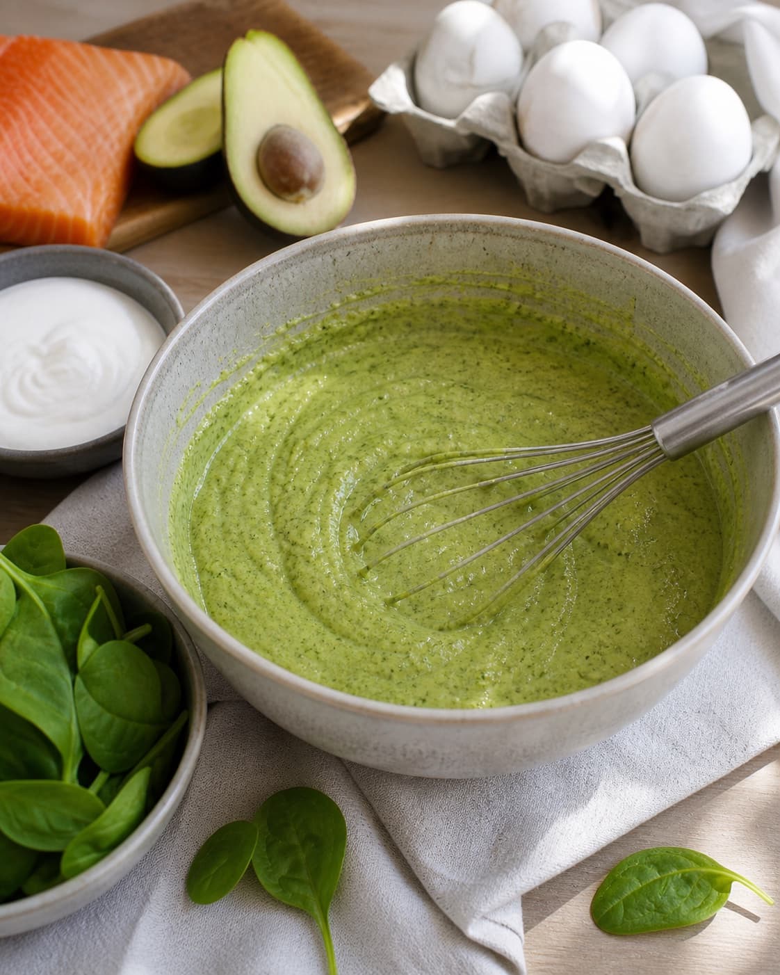 Rested cohesive mixture for spinatvafler med røget laks og avocado ready for the pan under tilberedningen af spinatvafler med røget laks og avocado