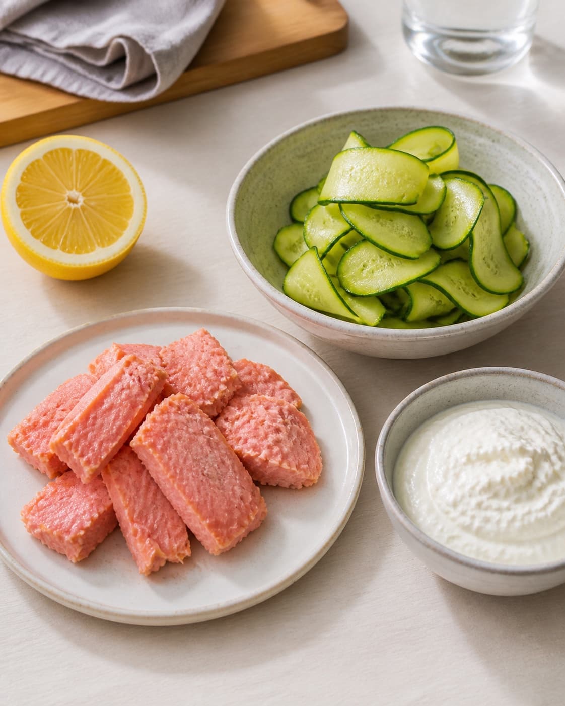 Clean prepared ingredients for varmrøget laks med rygeostcreme og squashsalat with rygeost, varmrøget laks, squash, økologisk citron under tilberedningen af varmrøget laks med rygeostcreme og squashsalat