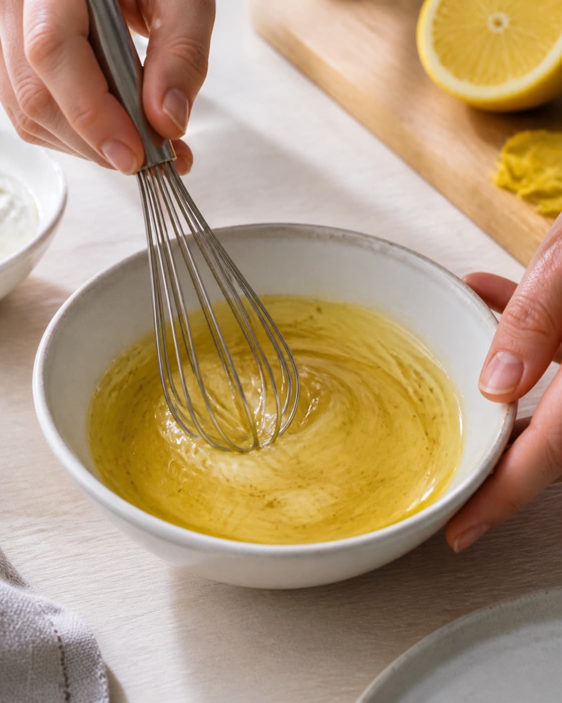 Dressing for varmrøget laks med rygeostcreme og squashsalat being whisked until glossy under tilberedningen af varmrøget laks med rygeostcreme og squashsalat