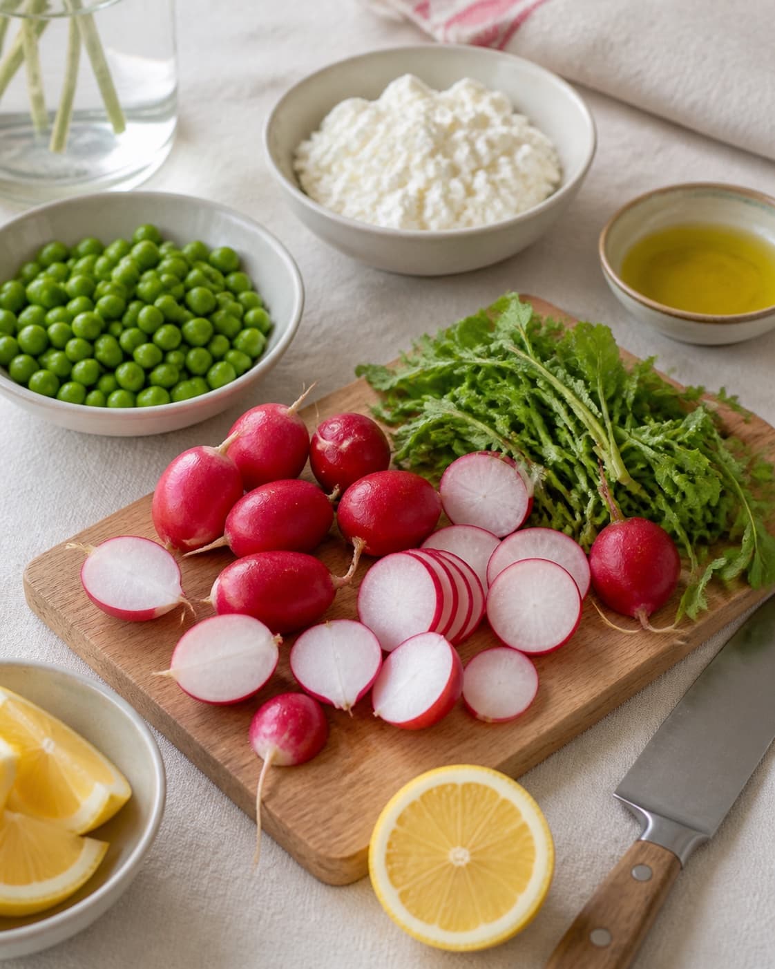 Clean prepared ingredients for salat med radiser og ærter with radiser, grønne ærter, økologisk citron, ekstra jomfruolivenolie under tilberedningen af salat med radiser og ærter
