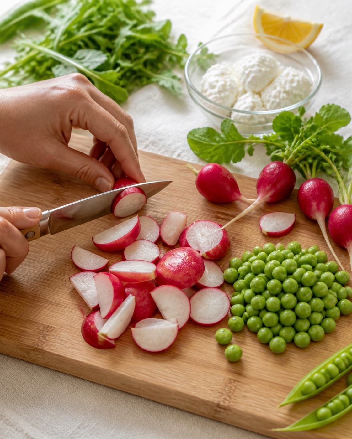 Ingredients for salat med radiser og ærter being cut into even pieces under tilberedningen af salat med radiser og ærter