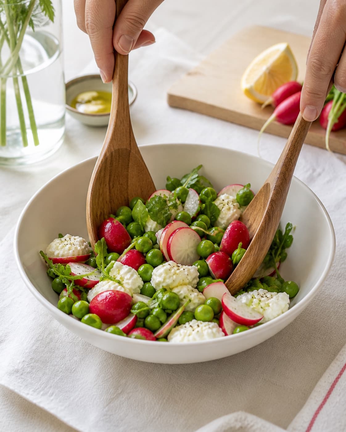 salat med radiser og ærter being gently combined without crushing the ingredients under tilberedningen af salat med radiser og ærter