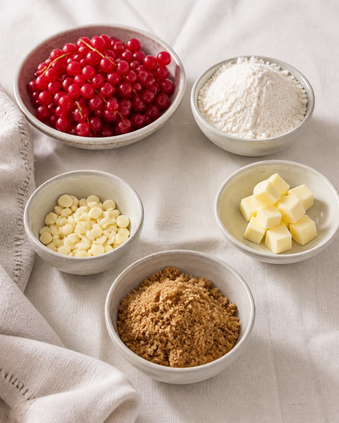 Measured ingredients for crumble med ribs og hvid chokolade arranged separately with ribs, hvid chokolade, hvedemel, smør under tilberedningen af crumble med ribs og hvid chokolade