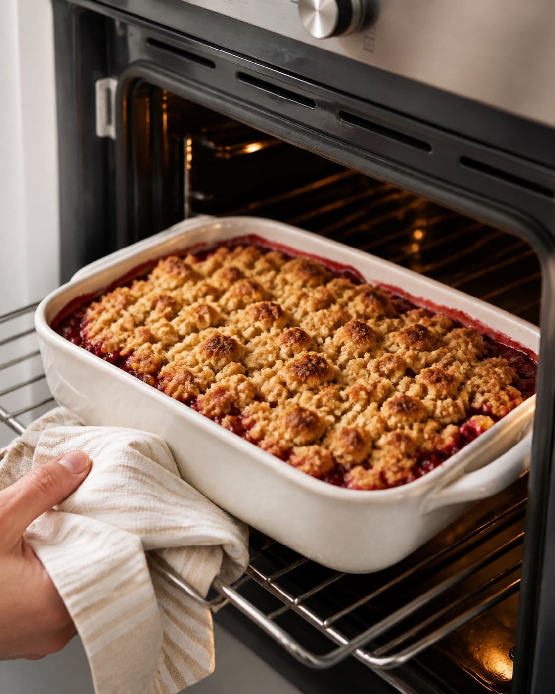 crumble med ribs og hvid chokolade baking until golden with a visibly set centre under tilberedningen af crumble med ribs og hvid chokolade