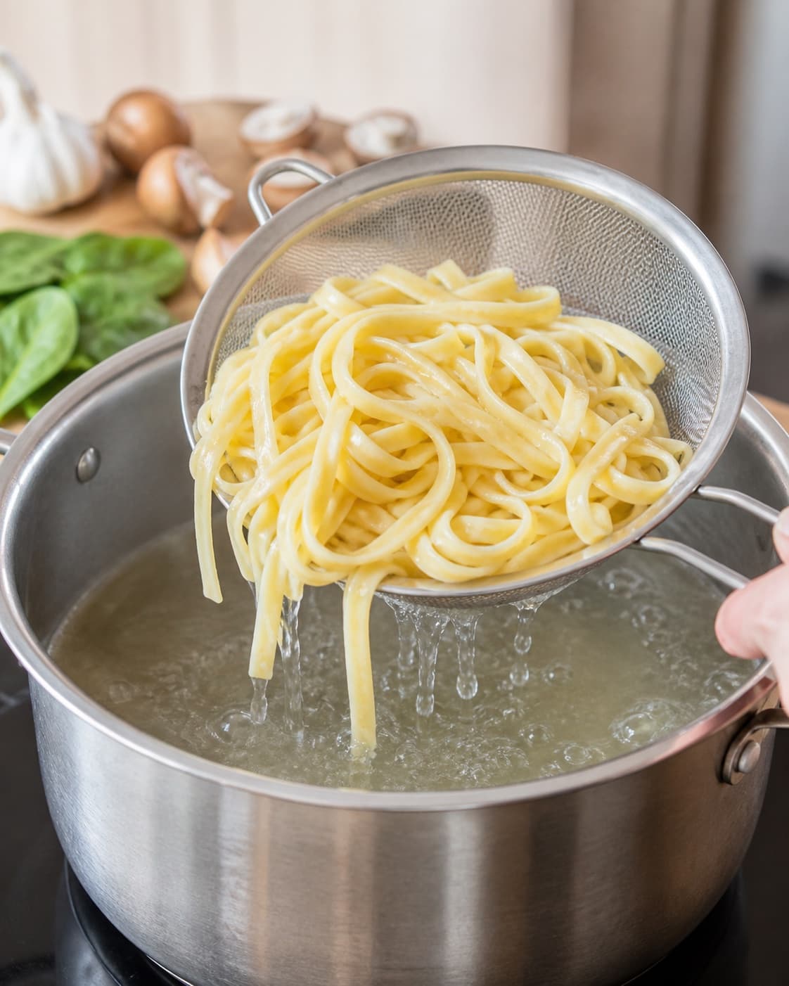 Pasta for pasta med svampe og frisk spinat being lifted from boiling water under tilberedningen af pasta med svampe og frisk spinat