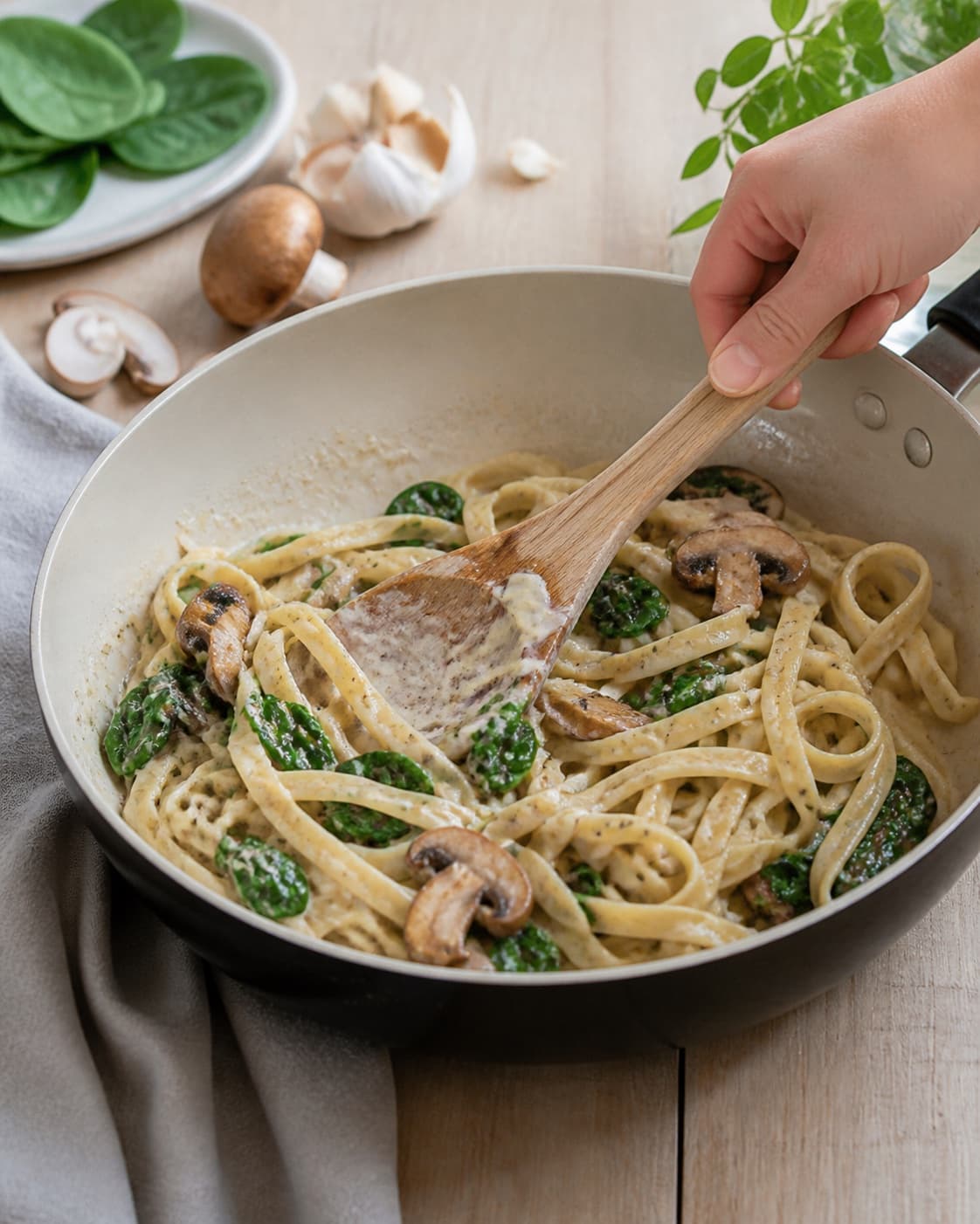 Creamy texture of pasta med svampe og frisk spinat being adjusted off the heat under tilberedningen af pasta med svampe og frisk spinat