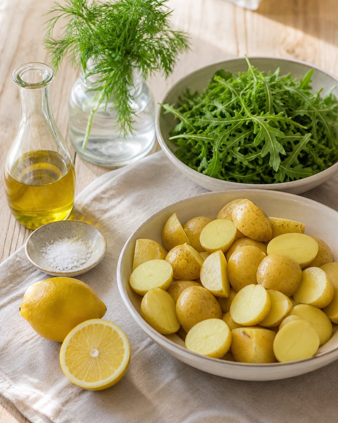 Clean prepared ingredients for kartoffelsalat med dild og rucola with rucola, kartofler, økologisk citron, ekstra jomfruolivenolie under tilberedningen af kartoffelsalat med dild og rucola