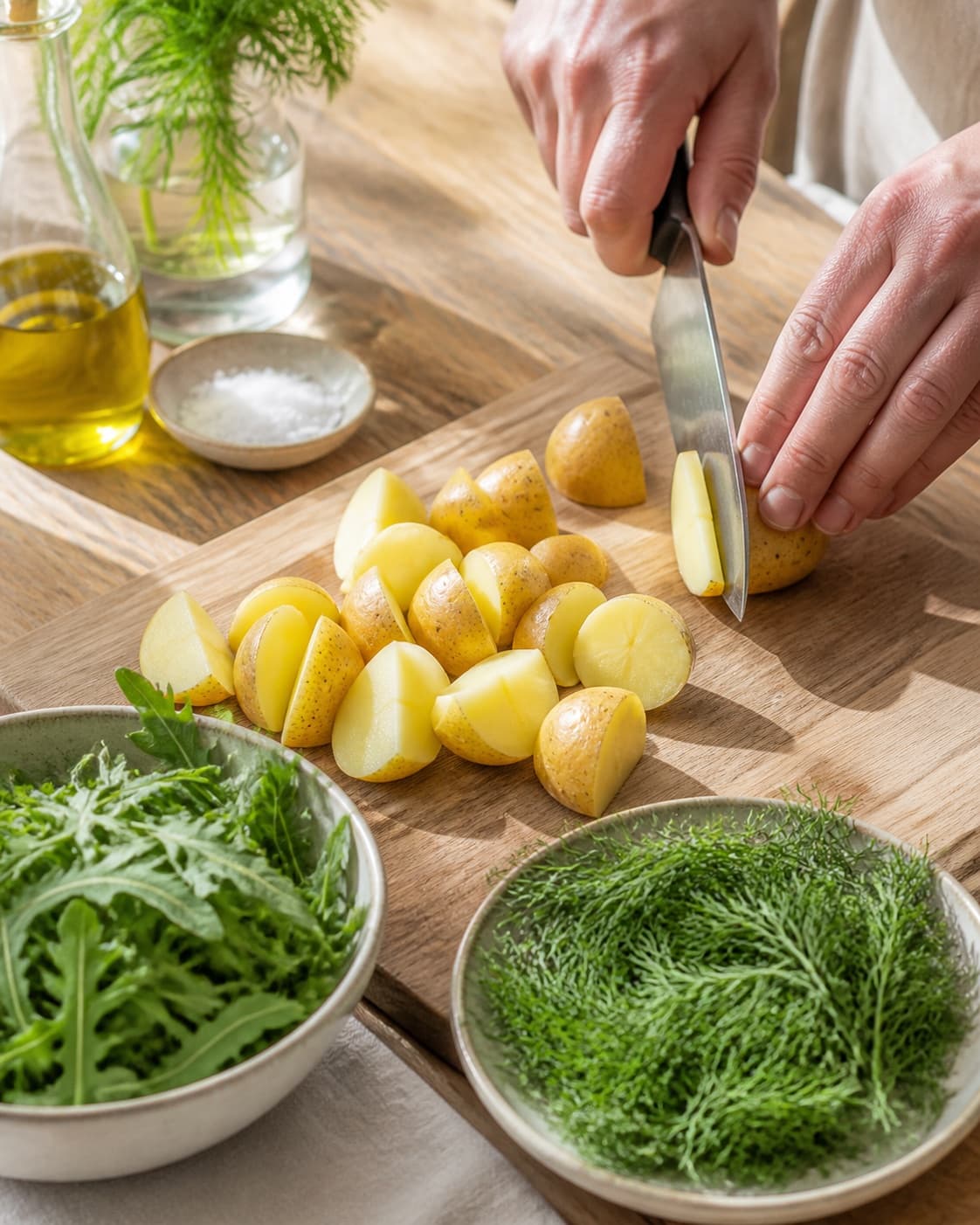 Ingredients for kartoffelsalat med dild og rucola being cut into even pieces under tilberedningen af kartoffelsalat med dild og rucola