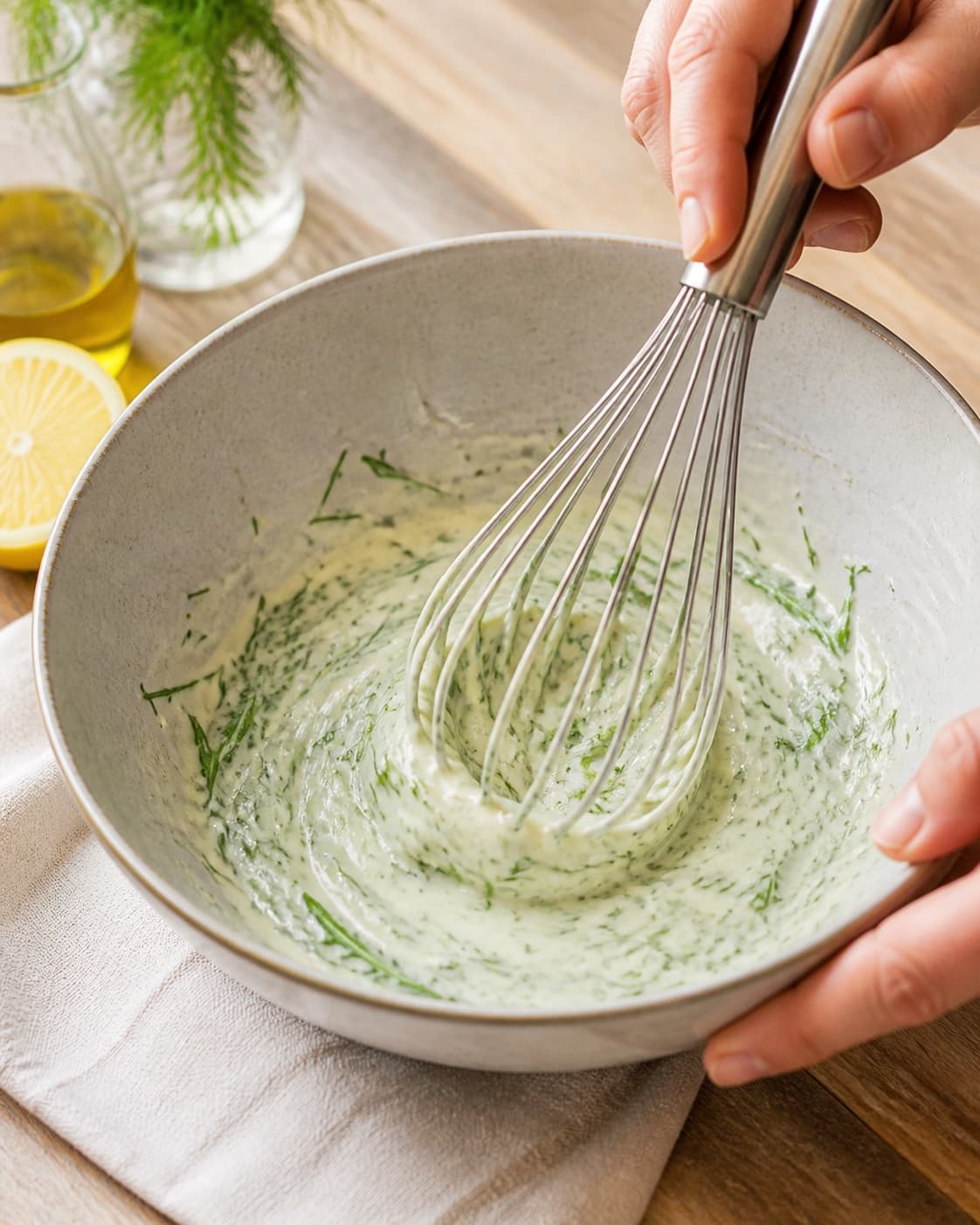 Dressing for kartoffelsalat med dild og rucola being whisked until glossy under tilberedningen af kartoffelsalat med dild og rucola