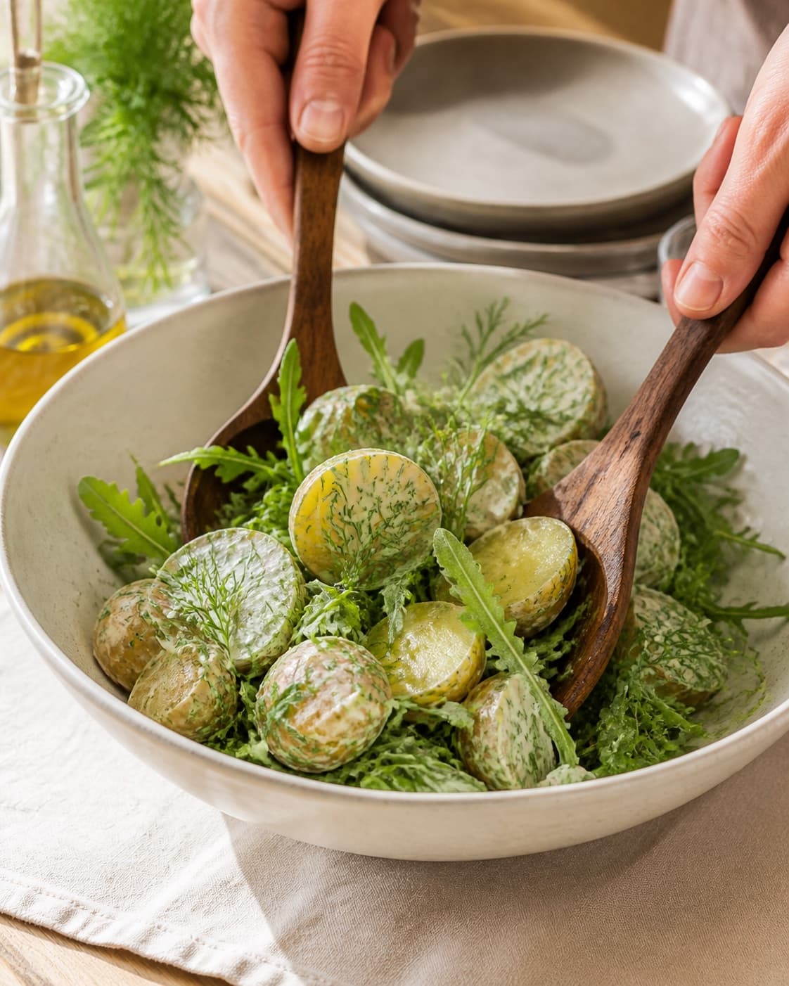 kartoffelsalat med dild og rucola being gently combined without crushing the ingredients under tilberedningen af kartoffelsalat med dild og rucola