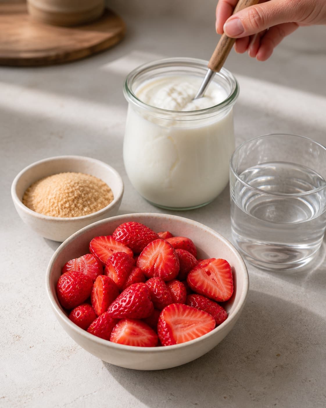 Clean measured ingredients and prepared jars for kefir yoghurt med jordbærkompot with kefir, jordbær, rørsukker, vand under tilberedningen af kefir yoghurt med jordbærkompot