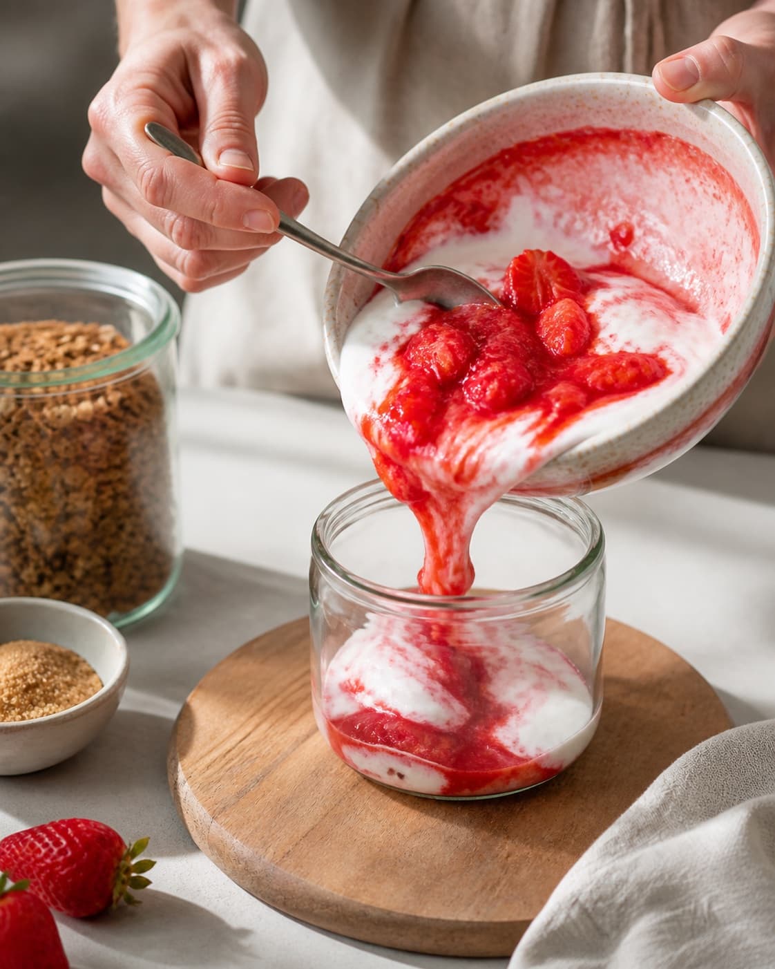Hot finished kefir yoghurt med jordbærkompot being carefully transferred into a clean jar under tilberedningen af kefir yoghurt med jordbærkompot