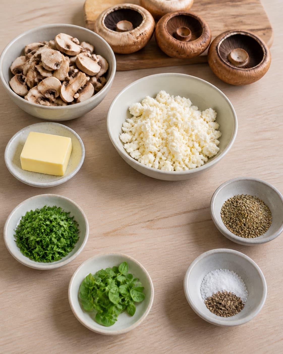 Prepared dry ingredients for fyldte portobellosvampe med feta og krydderurter with portobellosvampe, feta, brune champignoner, smør under tilberedningen af fyldte portobellosvampe med feta og krydderurter