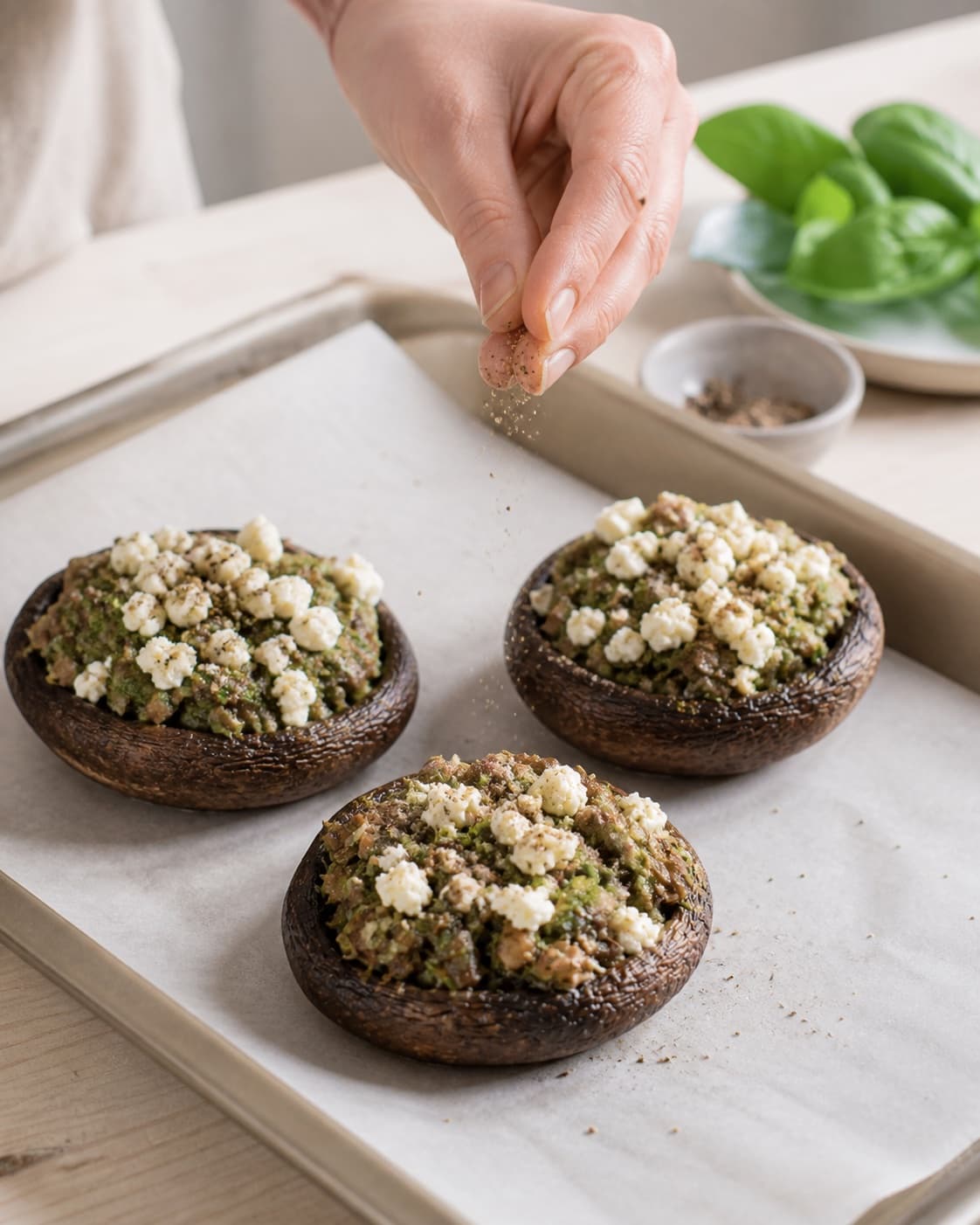 fyldte portobellosvampe med feta og krydderurter being evenly seasoned before roasting under tilberedningen af fyldte portobellosvampe med feta og krydderurter