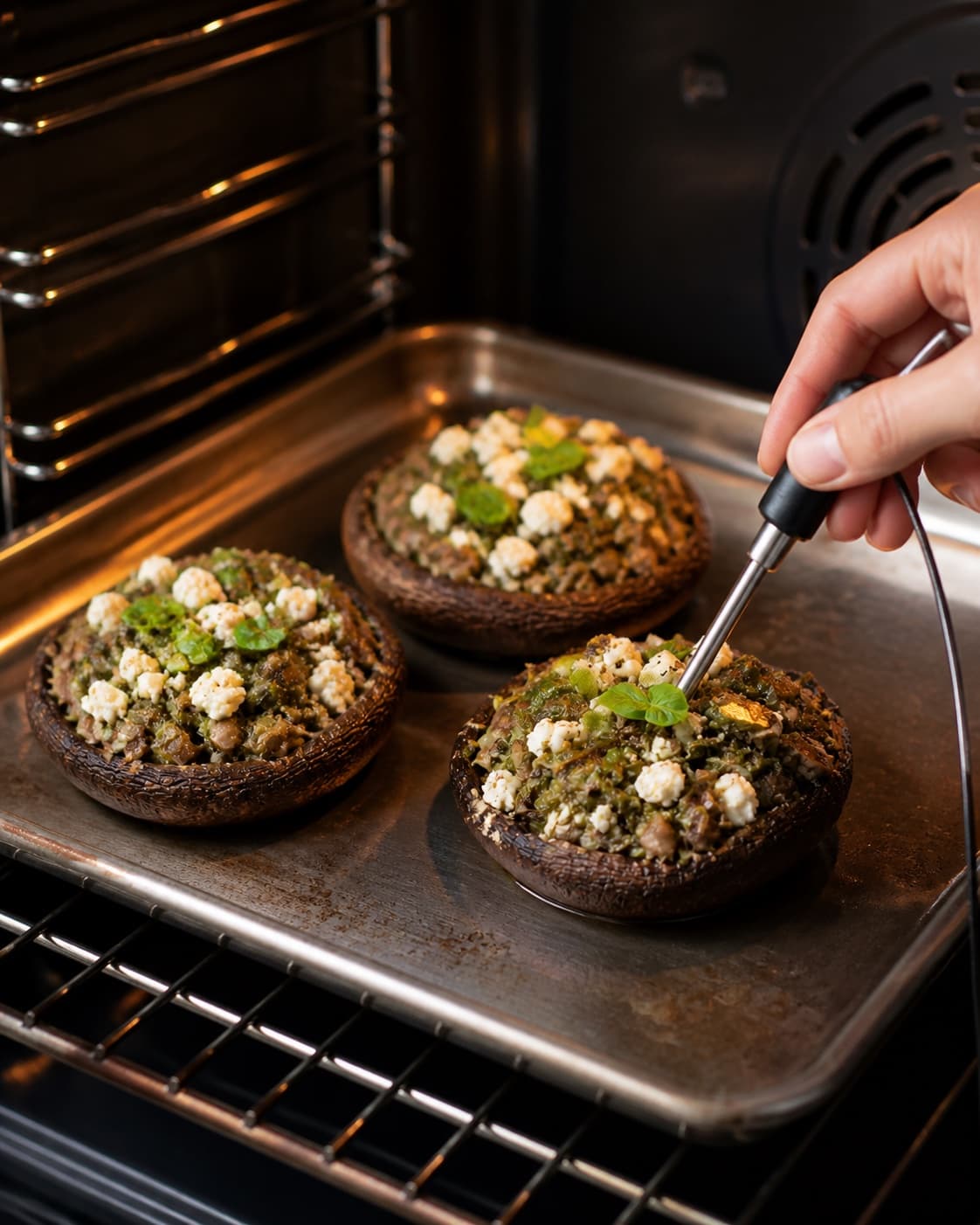 fyldte portobellosvampe med feta og krydderurter roasting evenly while its centre temperature is checked under tilberedningen af fyldte portobellosvampe med feta og krydderurter