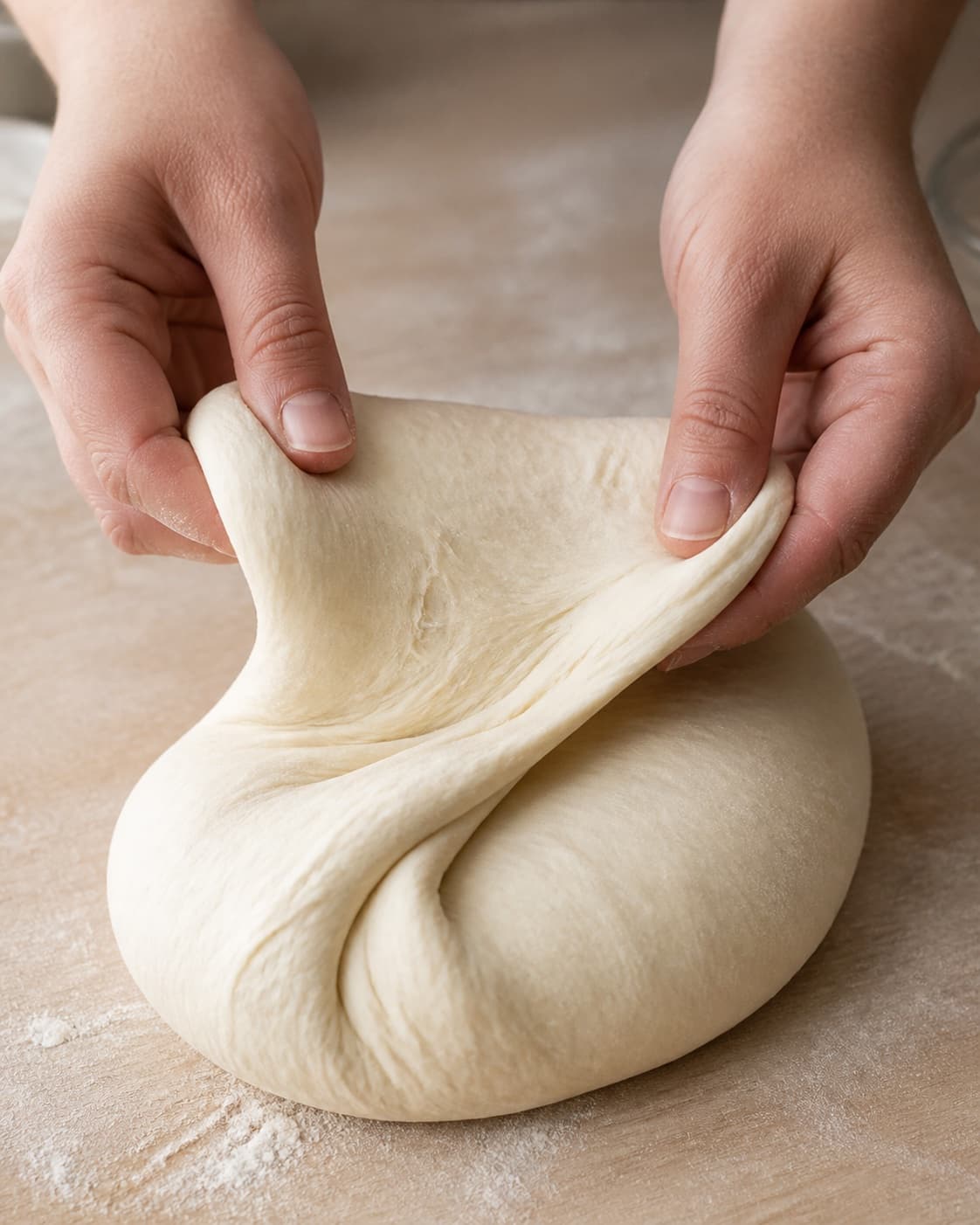 Hands gently folding elastic dough for hjemmebagte luftige boller under tilberedningen af hjemmebagte luftige boller