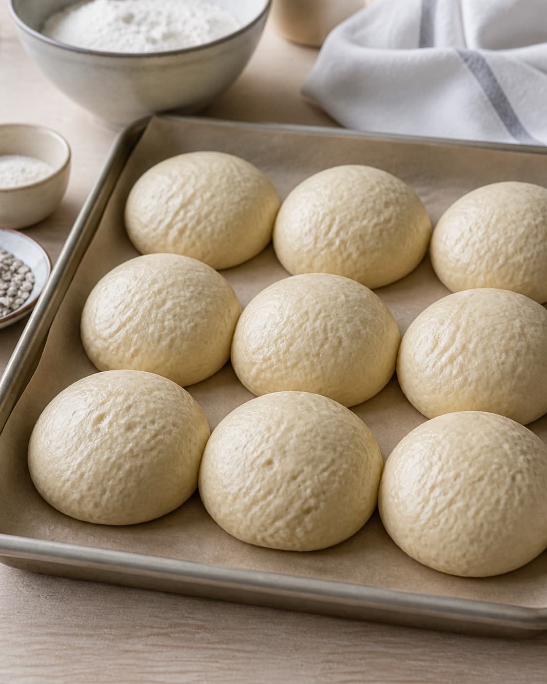 Proofed airy dough for hjemmebagte luftige boller with visible fermentation bubbles under tilberedningen af hjemmebagte luftige boller