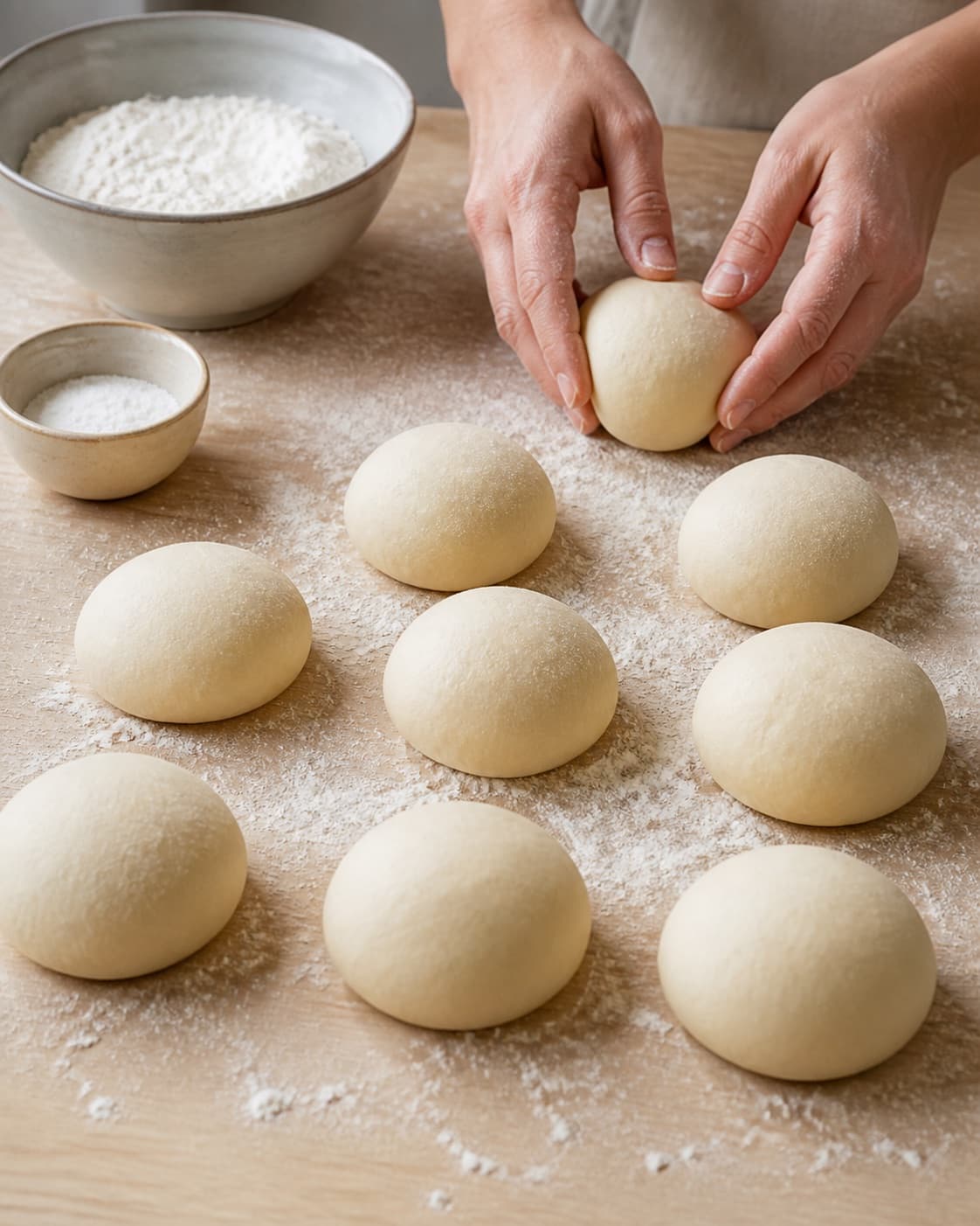 Even pieces of hjemmebagte luftige boller being shaped before baking under tilberedningen af hjemmebagte luftige boller