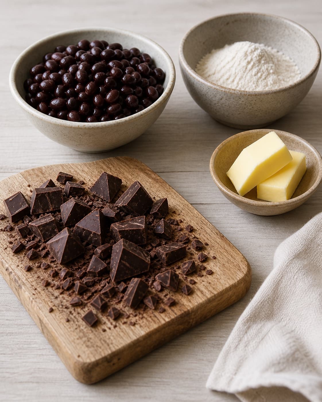 Measured ingredients for bønnebrownie med chokolade arranged separately with kogte sorte bønner, mørk chokolade, hvedemel, smør under tilberedningen af bønnebrownie med chokolade