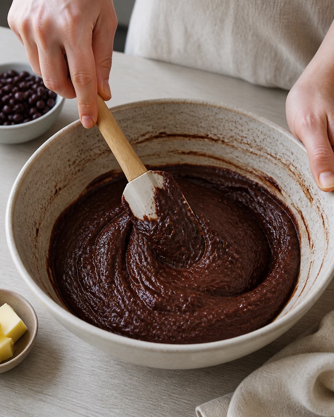 The batter or dough for bønnebrownie med chokolade being gently combined under tilberedningen af bønnebrownie med chokolade