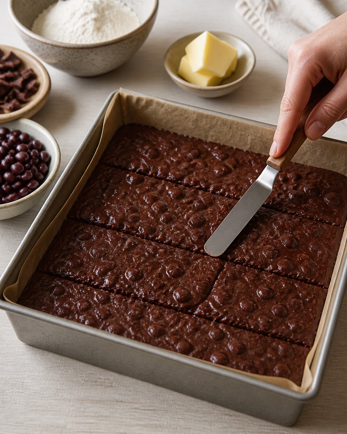 bønnebrownie med chokolade being portioned evenly before baking under tilberedningen af bønnebrownie med chokolade