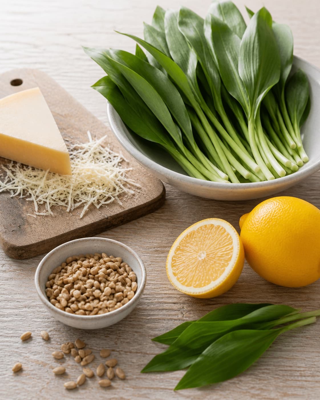 Clean prepared ingredients for ramsløgspesto with parmesan, ristede solsikkekerner, friske ramsløg, økologisk citron under tilberedningen af ramsløgspesto