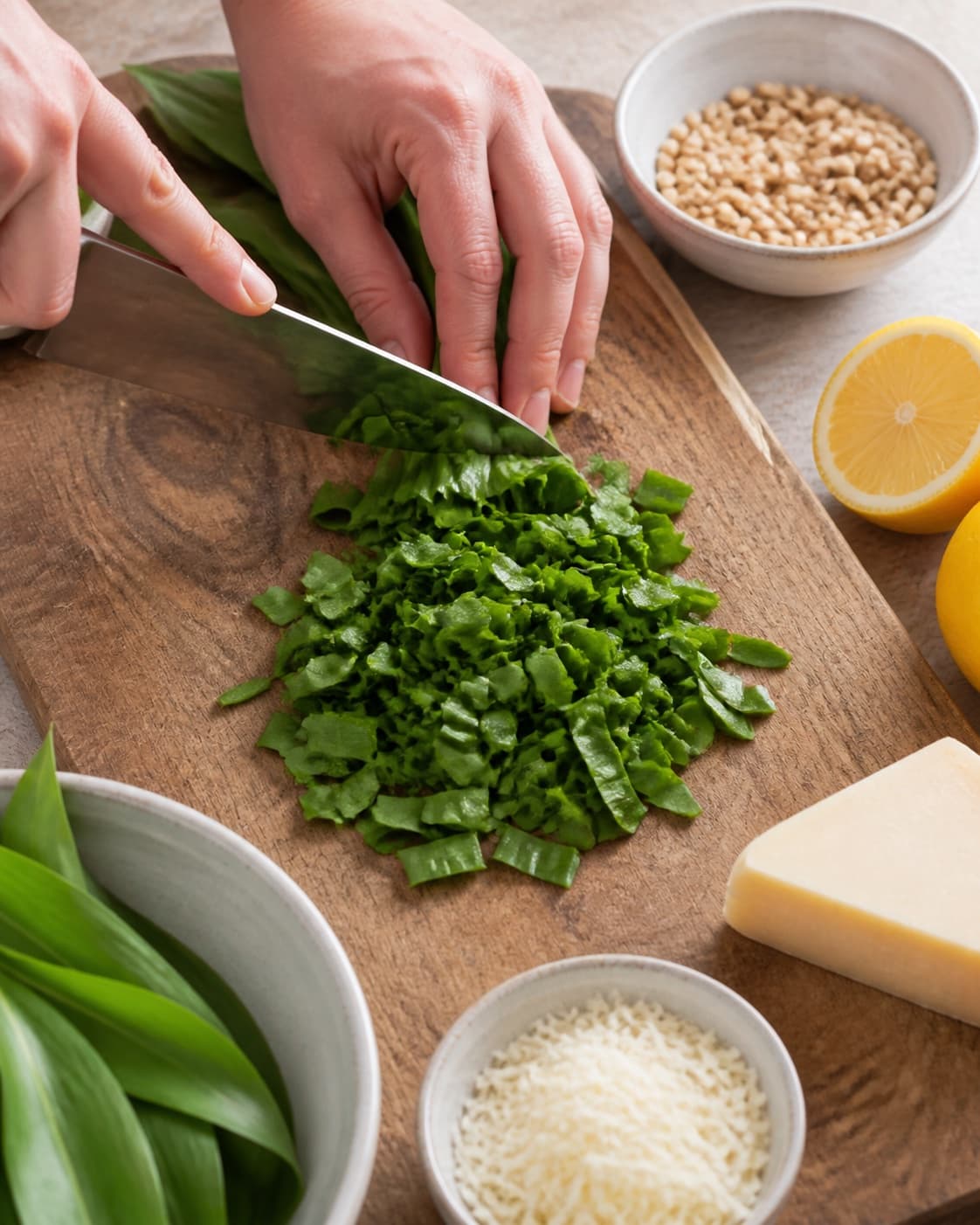 Ingredients for ramsløgspesto being cut into even pieces under tilberedningen af ramsløgspesto