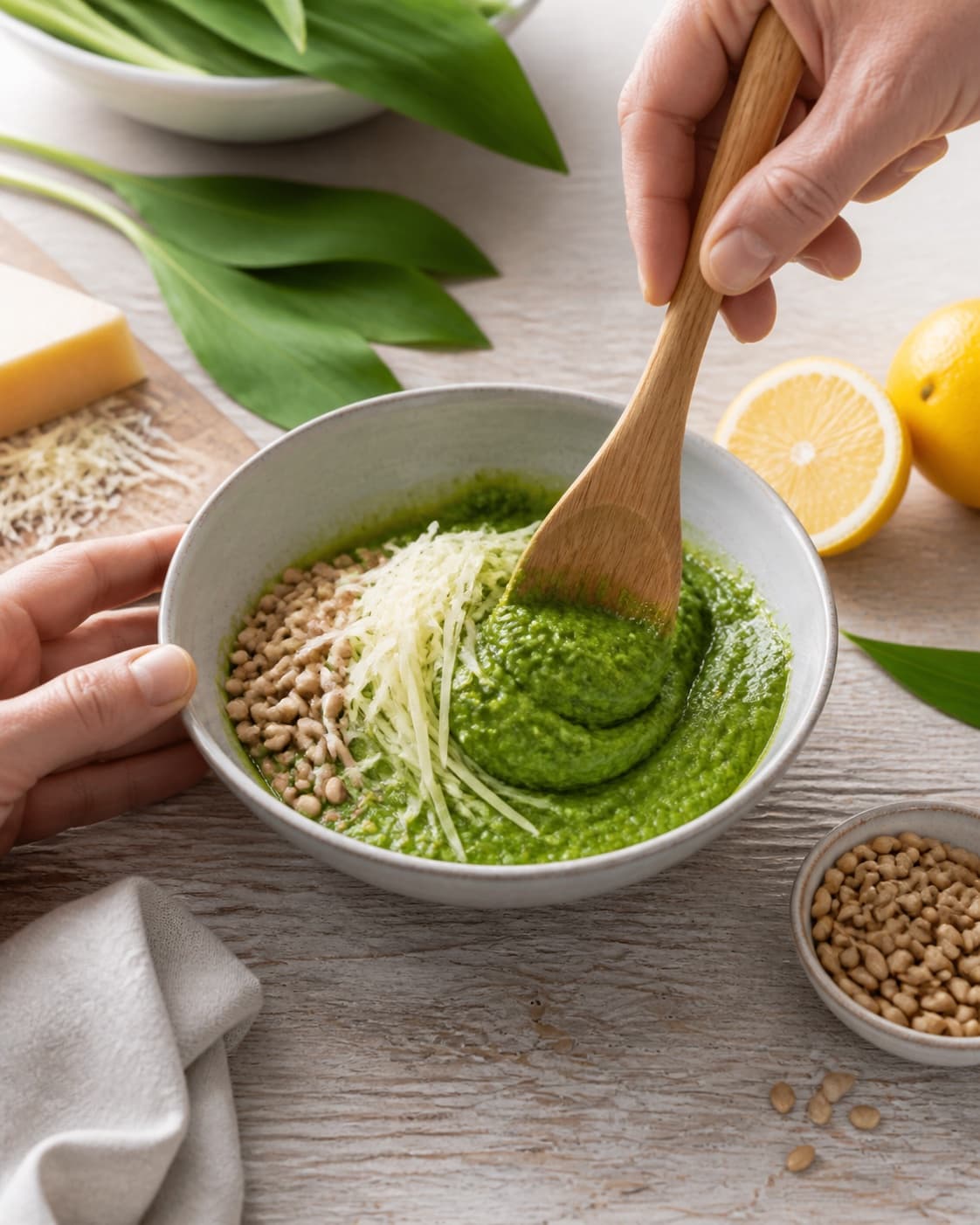ramsløgspesto being gently combined without crushing the ingredients under tilberedningen af ramsløgspesto
